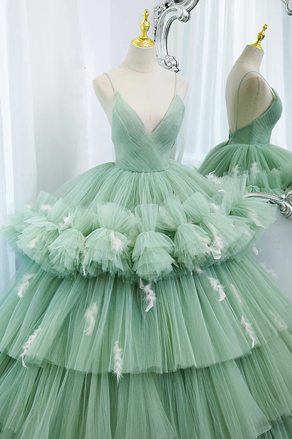 Wholesale Green Tulle Long A-Line Prom Dress Green V-Neck Formal Evening Gown